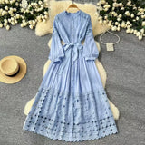 Fongt Retro Hollow Hook Lace Splicing Bow Strap With Waist Single Buckle Over Knee Dress New Autumn New
