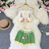 Fongt Pastoral Wind Knit Hanging Neck With Hook Flower Flower Wool Hollow Out Sexy Bikini Two Set Suit-Outfit
