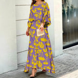 Fongt Women's Summer New Loose Print Long-Sleeved Top High Waist Half-Body Large-Size Dress Set