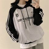 Vintage Logo Print Raglan Striped Sleeve Hoodie-Outfit