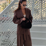 Fongt Women's INS Burst Fashion With Belt Loose Casual Suit Jacket + Trousers Set