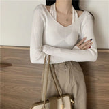 Fongt Up Spring And Autumn New Chic Sexy Chest Thin Hanging Neck Two Long-Sleeved Knitted Jersey Jersey Elastic