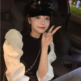 Temperament Retro Bubble Sleeve Splicing Long-Sleeved Women's Spring New Waist Knitted Ass