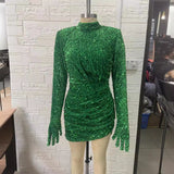 New Hot Green Sleeves Small High-Neck Dress Fashion Party Show