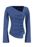 Fongt 2025 Autumn New Temperament Folding Irregular Oblique Shoulder Design Long-Sleeved Knitted Top Woman