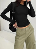 Summer Slim Solid Color Casual T-Shirt Crew Neck Long Sleeves Soft Slight Stretch Sports Tee women's Tops-Outfit