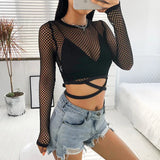 Fongt See-Through Mesh Long Sleeve T-Shirt 2023 New Sexy Short Round Collar Tie Crop Short-Outfit