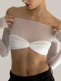 Through Mesh Crop Top Women Pullovers Strapless Short Knit Cropped Tops Ladies Tee Shirt Sexy Off-shoulder T-shirt-Outfit