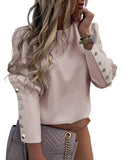 Women Metal Button Long Sleeve Shirts Ladies Casual O-Neck Solid Print Blouses Plus Size XXXL Fall European