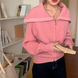 Fongt Lazy Wind Big Lapel Cardigan Zipper Jacket Women's Autumn And Winter New Wide Soft Waxy Sweater Top-Outfit