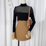 Yarn Splicing Half-High Collar Knitted Bottom Shirt Women Autumn Design Sense Of Small Short Babes Sexy Long-Sleeved