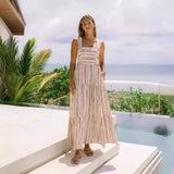 Fongt Years Fresh And Sweet Wind Spring And Summer Striped Print One Word Tie Dress 88116-Outfit