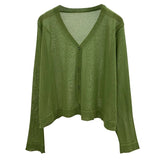 Thin Knit Cardigan Women V-Neck Knitted Casual Transparent Sweater Shirts Lady Simple Solid Outwear for Female-Outfit