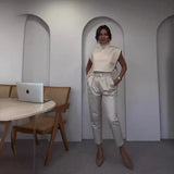 Fongt New Summer 2023 Casual Belt Is Decorated With A Turtleneck And Short Sleeve Long Suit Pants-Outfit