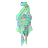 Green Tie-dye Print Chiffon Halter Tank Top And Mini Skirt Set-Outfit