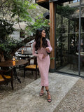 Pink Ruffled Long Sleeve Knit Midi Dress-Outfit