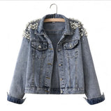 2022 Spring Autumn New Nail Bead Short Casual Pearl Loose Thin Jacket Jacket Denim Jacket Female-Outfit