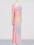 Fongt 2025 New Fashion Design Personality Color Printing Sexy Shoulder Mesh Yarn And Hip Dress Dress