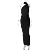 One Shoulder Backless Adjustable Scarf Loop Ruched Sexy Maxi Dress Women Elegant Y2K Streetwear Festival Outfit-Outfit