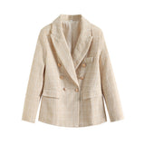 Fongt Women's Spring And Autumn Fashion Double Buckle Flowers This Lattice Suit Jacket Retro Long-Sleeved Pocket Suit Jacket