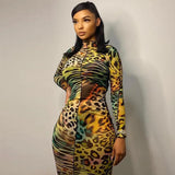 Farbic Leopard Pattern Print Maxi Dresses For Women Sexy See Through Ruffle Skinny Attractive Clubwear Party