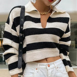 New 2021 Women Autumn Winter Sweaters Knitted Elegant Lady Polo Collar Striped Vintage Pullovers Short Tops