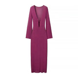 Fongt Women's ZA Autumn And Winter New V-Neck Horn Sleeve Long Buckle Dress