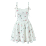 White Floral Print Bow Strap Chiffon Mini Dress-Outfit