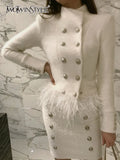Temperament Patchwork Feather Coat For Women Stand Collar Long Sleeve Casual White Jackets Female Fashion New