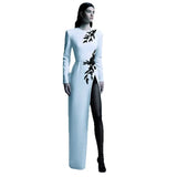 Fongt Star Temperament Dress Embroidered Nails Flowers Long Sleeve Open Fork Long Dress