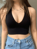 Plunge Neck Rib Crop Tank Top-Outfit