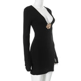 Deep V-neck Long Sleeve Bodycon Gold Applique Mini Dress-Outfit