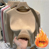 Women's O-neck Plus Velvet Thicken Sweaters Winter Slim Warm Long Sleeve Knitted Tops Casual Plush Fleece Lined Soft