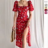 Fongt Women's Clothing 2026 Summer Bubble Sleeves Slim Sexy Thin Side Open-Print Dress Women
