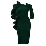 Fongt Fashion Women's Round-Neck Temperament Seven-Sleeve Lotus Leaf Side Elegant African Dress