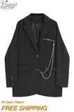 Autumn Winter Elegant Black Gothic Women's Blazer Jacket Casual Fashion Solid Double-breasted Pocket Chain Coat