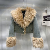 Denim Faux Fur Plush Sleeve Collar Jacket-Outfit