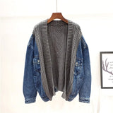 Autumn 2022 Loose Sweater Stitching Denim Coat Women's Long Sleeve Knitted Cardigan Korea Jacket Women Large Size
