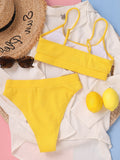 Solid Yellow Bikini 2021 Mujer Women High Cut Pleate Two Piece Swimsuit Beach Bathing Suit High Waist Swimwear
