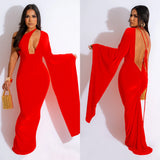 Fashion Women's Solid Color Single Shoulder Cuff Open Back Long Dress Women-Outfit