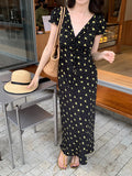 Fongt Xixi 2025 Summer New Korean Version Of High-Waisted Holiday Short-Sleeved Dress V-Neck Print Pure Desire Skirt 88357