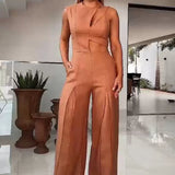 Fongt Summer Fashion Round Collar High Waist Solid Color Hollow Out Wide Leg Jumpsuit-Outfit