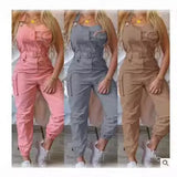 Fongt Women's Work-Packed Pocket Design Jumpsuit Sleeveless Backs And Trousers Simple Restraints Trousers +