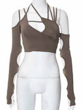 Fongt Summer Women's Solid Color Sling Hanging Neck Exposed Navel Dew Back Sleeve Women's Jacket-Outfit
