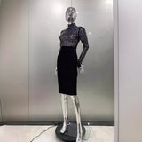Black Half-High Collar Hot Diamond Small Long Sleeves Long Splicing Bandage Long Bag Of Hip Dress Dress
