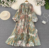 Quality Light Extravagant Lantern Long Sleeved Round Collar Waist Slim Single Breasted Printed Dress Elegant Long Skirt-Outfit