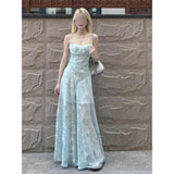 Fongt Blue Floral Sling Dress Women's Summer Seaside Vacation Beautiful Temperament Waist Temperament Pure Desire