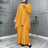 ZANZEA Women Muslim Sets Islamic Clothing Plain Suits Morocco Turkish Pleated Full Sleeve Tops Wide Legs Long Pants