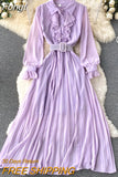 Women Chiffon Dress Elegant Long Sleeve Lapel Ruffles Party Dresses Ladies High Waist Pleated Solid Long