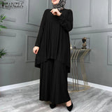 ZANZEA Women Muslim Sets Islamic Clothing Plain Suits Morocco Turkish Pleated Full Sleeve Tops Wide Legs Long Pants